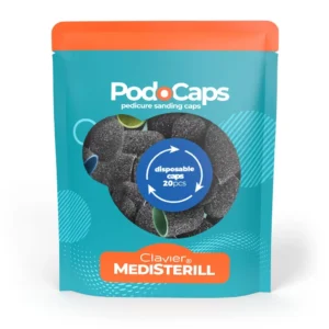 CLAVIER - Kapturki Ścierne Clavier, Medisterill do Pedicure, Frezarki PodoCaps 13mm, mix 80/120/180/240 grit 20szt. +nośnik